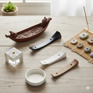 Illustration 1 (Variety): A diverse collection of incense holder for sticks, showcasing various materials like wood, metal, and ceramic.