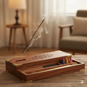 Multi-functional wooden incense burner holder box, safely burning sticks inside while also offering storage for cones and accessories.