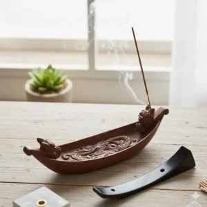 Illustration 3 (Boat Style): Classic boat style incense holder for sticks made from carved natural wood, featuring decorative elements.