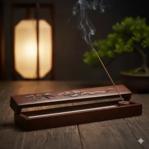 Elegant wooden box incense burner with carved details, safely catching ashes from stick incense.