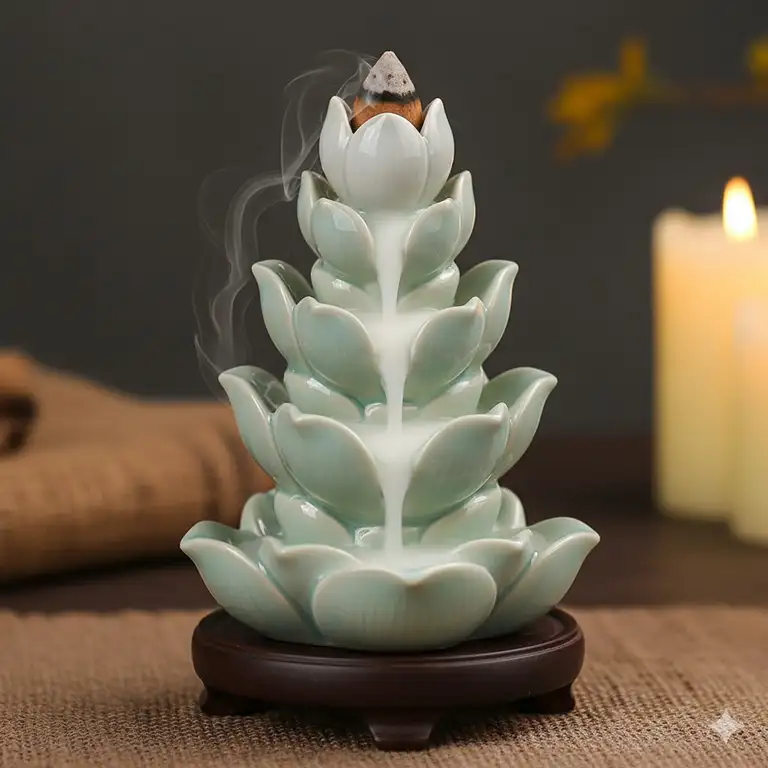 Best incense burner: A stunning ceramic lotus backflow burner with smoke gently cascading for a calming effect.