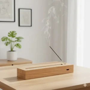 A sleek, awesome incense burner with a minimalist wooden box design, perfect for holding stick incense and catching ash in a modern, clean-lined home.