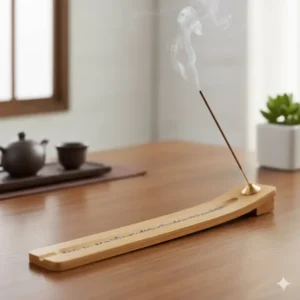 "Long, sleek bamboo horizontal incense stick burners and ash catcher sitting on a table."
