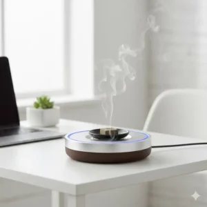 Modern and sleek cool incense burner with an electric heating element for slow, even scent diffusion without smoke or ash.