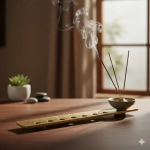 Photograph of a handmade hammered copper metal incense holder actively burning a sandalwood stick, releasing aromatic smoke.
