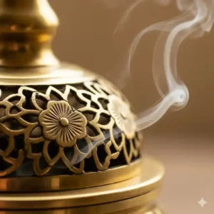 Close-up of the metal incense burner's intricate cutout lid showing ventilation holes for safe smoke release.