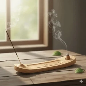 Natural wooden incense burner stand with a detailed carved tray design suitable for sticks and cones.