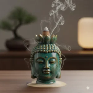 A stunning ceramic awesome incense burner shaped like a serene Buddha head, designed specifically for cone incense, adding a spiritual touch to any meditation space.