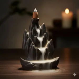 Backflow incense burner in action, showing the captivating smoke waterfall effect.