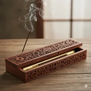 Intricately carved wooden incense burner box for storing and lighting incense sticks safely.