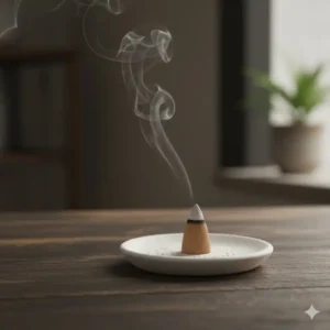 A simple, white, heat-resistant ceramic piece safely holding a smoldering lavender cone, demonstrating practical incense cones and holders.