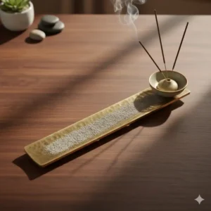 Overhead view illustrating the wide and stable surface of the long metal incense holder tray, effectively catching all incense ash.