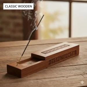 Classic wooden "coffin" style incense stick holder with the lid open, showing an incense stick placed inside to catch all the ash.