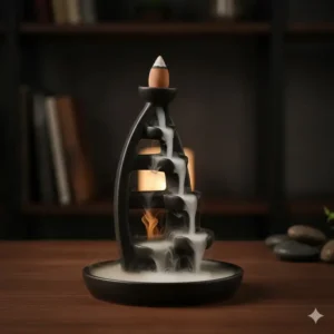 Modern black ceramic backflow incense burner stand creating a beautiful smoke waterfall effect.
