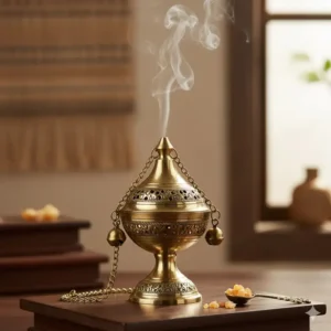 Traditional antique brass incense censer for burning resin, ideal for home meditation.