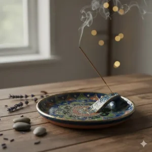 Hand-painted artisan ceramic dish burner that effectively catches ash, a stylish option among the coolest incense holders for stick burning.