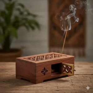 Hand-carved wooden box incense burner for sticks, featuring an ash-catching design.