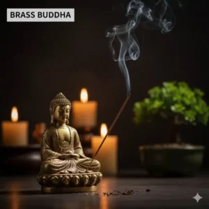 Detailed brass Buddha figurine serving as an elegant incense stick holder for meditation and spiritual practices.