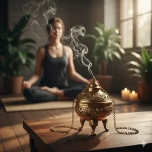 Elegant brass censer, a traditional and cool incense burner design, sitting on a wooden table during a yoga session.