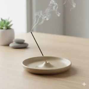 "Simple, round ceramic plate used as a stylish incense stick burners holder in a minimal design."