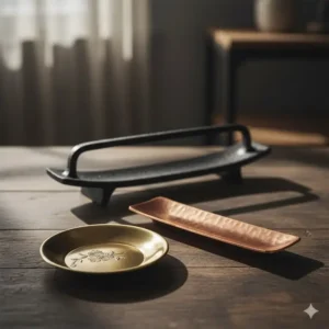 A comparison shot of three different metal incense holders: one made of antique bronze, one polished silver, and a black wrought iron style.