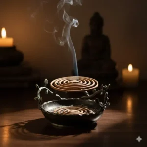 Decorative metal incense burner stand designed to securely hold and catch ash from spiral or coil incense.