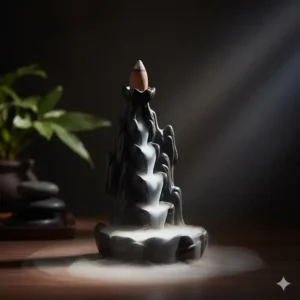 "Unique backflow incense stick burners showing aromatic smoke gently flowing downwards like a waterfall."