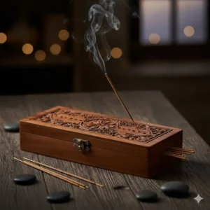 Traditional wooden box burner with carved patterns and storage, a classic and safe choice and one of the coolest incense holders.
