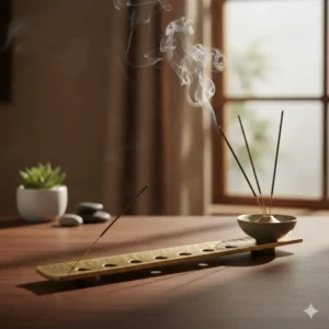 Metal incense holder displayed as stylish home decor on a wooden desk next to a small succulent plant, enhancing a calming atmosphere.