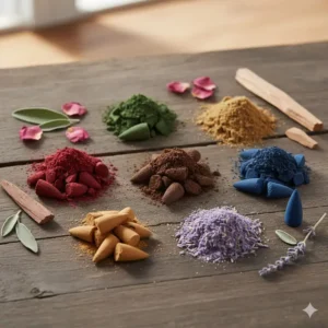 A selection of natural, aromatic products in different colors and scents, showing the variety of available incense cones and holders.