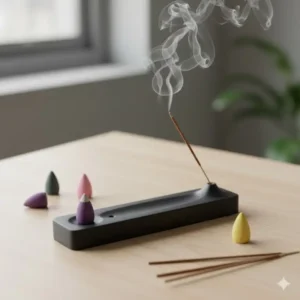 Modern minimalist incense stick and cone holder in black stone, perfect for contemporary decor.