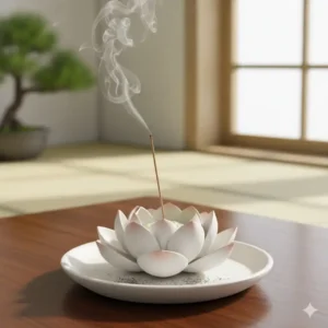 A beautiful ceramic cool incense burner shaped like a lotus flower, serving as a clean ash catcher for stick incense.