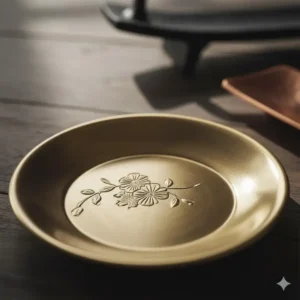 Close-up showing the intricate, hand-engraved floral pattern on a circular brass metal incense holder for cones and sticks.