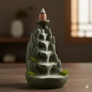 Close-up of an awesome backflow incense burner in a mountain and stream design, showing the mesmerizing, slow-motion effect of the smoke gracefully flowing down like a waterfall for a Zen atmosphere.