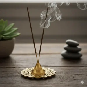 "Small, ornate decorative brass incense stick burners designed for a single stick."