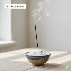 An easy DIY incense stick holder using a small ceramic bowl filled with white salt to securely hold the burning stick upright.