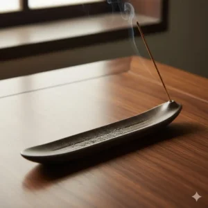 Long boat-shaped incense burner stand functioning as a deep and effective ash catcher to keep surfaces clean.
