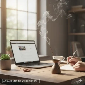 A lit aromatherapy incense burner on a wooden desk, creating a calming and focused workspace.