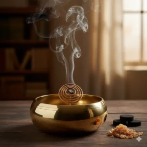 An elegant brass bowl, a versatile and awesome incense burner for coils, resins, or frankincense, adding a touch of antique luxury to any room.