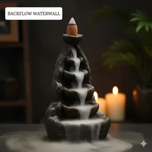 Unique backflow incense stick holder with a waterfall design, showing fragrant smoke gently flowing downwards.