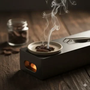 Electric incense burner gently heating agarwood, recognized as a best incense burner for pure fragrance.