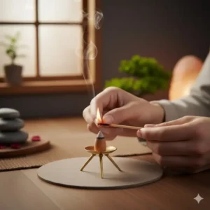 A pair of hands carefully lighting a frankincense cone before placing it into its decorative tray, showing the ritual of using incense cones and holders.