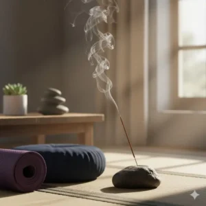 "A quiet meditation room setup featuring a lit stick in a stone incense stick burners next to a yoga mat."