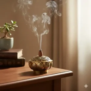A small cone of sandalwood incense burning inside the decorative metal incense burner, demonstrating use.