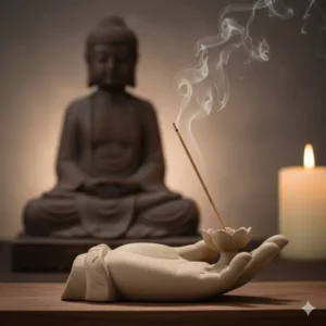 Zen-style Buddha hand incense burner stand perfect for creating a spiritual and calming meditation corner.