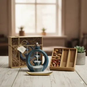 A complete awesome incense burner starter kit gift set, including a ceramic holder, a variety of scented incense cones, and long stick incense for a beginner.