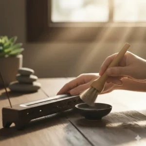 "A person using a small brush to clean the ash residue from a wooden incense stick burners."