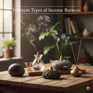 Variety of different types of incense burners showing materials like soapstone, glass, and metal.