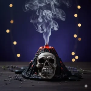 Whimsical skull volcano burner showing smoke rising dramatically, a truly cool novelty piece and one of the coolest incense holders.