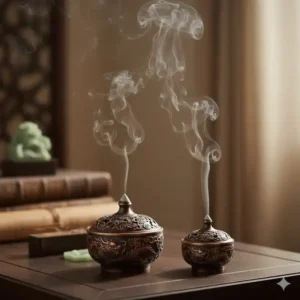 Comparison of small and large sizes in a two-piece metal incense burner set.